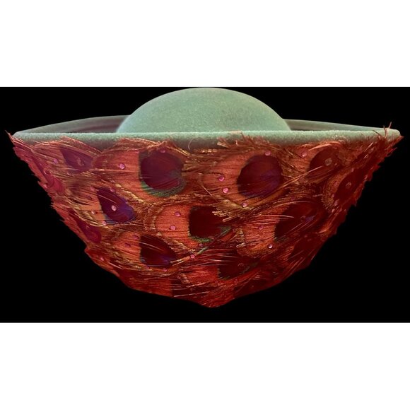 Vintage 50s-60s Green Wool Peacock Feather Hat - Picture 2 of 7